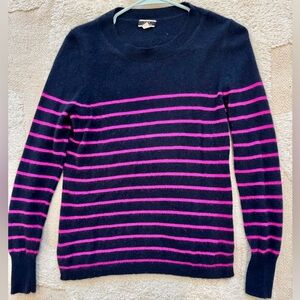 J. Crew Navy and Pink Striped 100% Cashmere Sweater, Size S